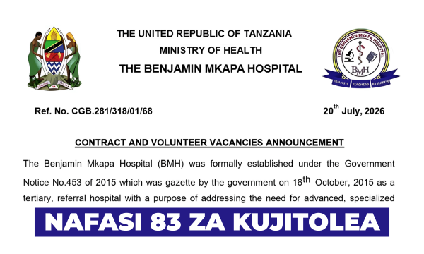 Benjamin Mkapa Hospital (BMH) x83 Volunteer Vacancies 2026 – Ajirachap