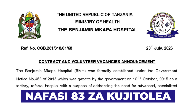 Benjamin Mkapa Hospital (BMH) x83 Volunteer Vacancies 2026 – Ajirachap