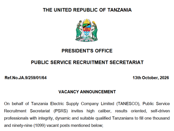 1,099 Job Vacancies at TANESCO – October 2026 – Ajirachap
